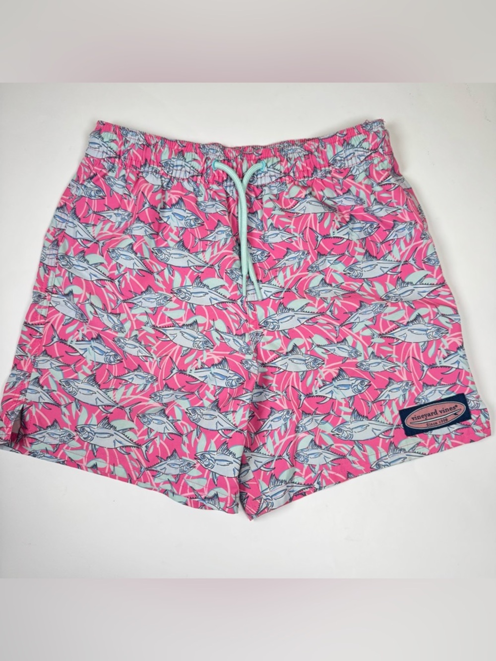 Vineyard Vines Boys Pink and Blue Fish-Print Swim Shorts  - Size 7